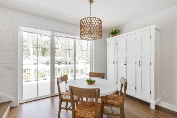 Dining room, Interior, Pendant Lights, Wood Texture Flooring