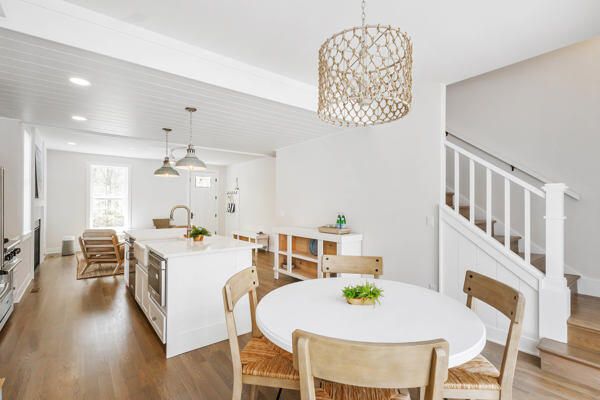 Dining room, Interior, Kitchen, Pendant Lights, Recessed Lighting, Wood Texture Flooring