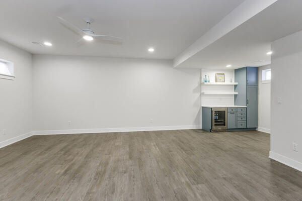 Empty room, Fireplace, Interior, Recessed Lighting, Wood Texture Flooring
