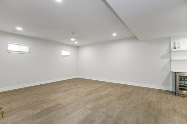 Empty room, Fireplace, Interior, Recessed Lighting, Wood Texture Flooring