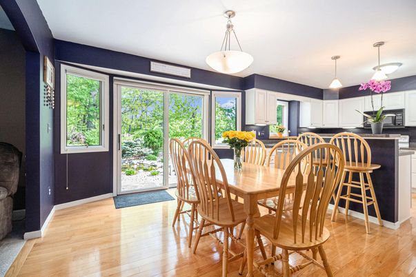 Dining room, Interior, Kitchen, Pendant Lights, Wood Texture Flooring