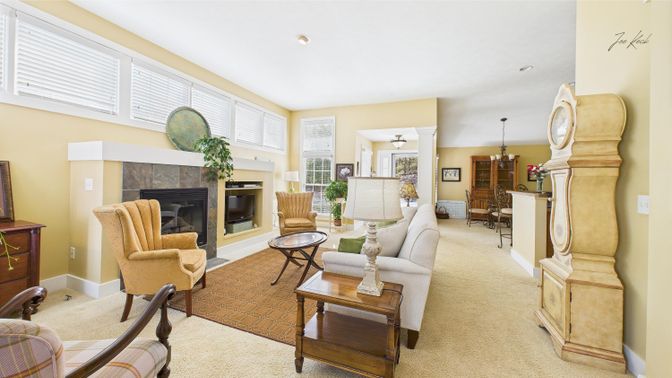 Chandelier, Dining room, Fireplace, Interior, Living room, Recessed Lighting