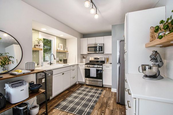 Interior, Kitchen, Recessed Lighting, Stainless Steel Appliances, Wood Texture Flooring