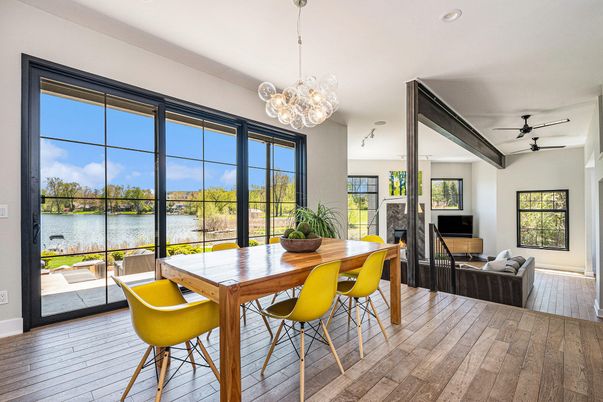 Dining room, Interior, Living room, Pendant Lights, Recessed Lighting, Water, Wood Texture Flooring
