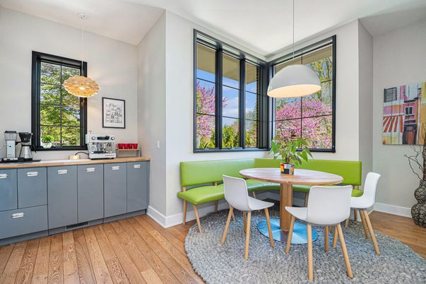 Dining room, Interior, Pendant Lights, Wood Texture Flooring