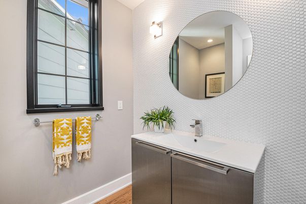 Bathroom, Interior, Recessed Lighting, Wood Texture Flooring