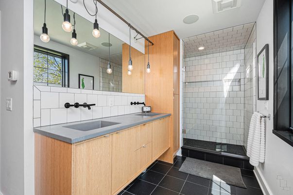 Bathroom, Dual Sink Vanities, Glass Shower, Interior, Pendant Lights, Recessed Lighting