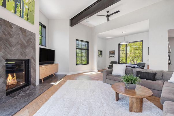 Fireplace, Interior, Living room, Pendant Lights, Wooden Beams, Wood Texture Flooring