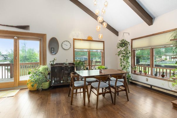 Dining room, Fireplace, Interior, Pendant Lights, Wooden Beams, Wood Texture Flooring