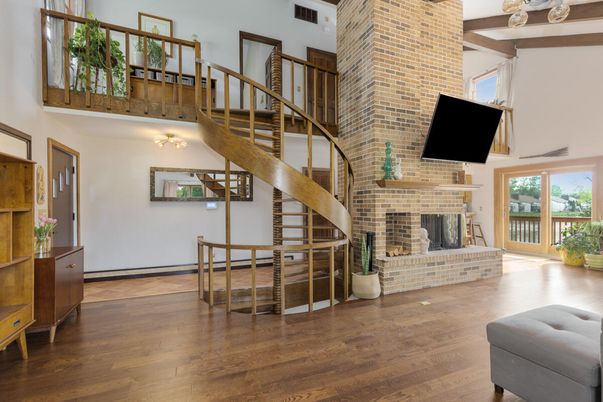 Chandelier, Fireplace, Interior, Stone Walls, Wooden Beams, Wood Texture Flooring