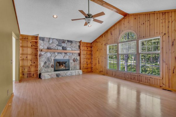 Empty room, Fireplace, Interior, Stone Walls, Wooden Beams, Wood Texture Flooring, Wooden Walls