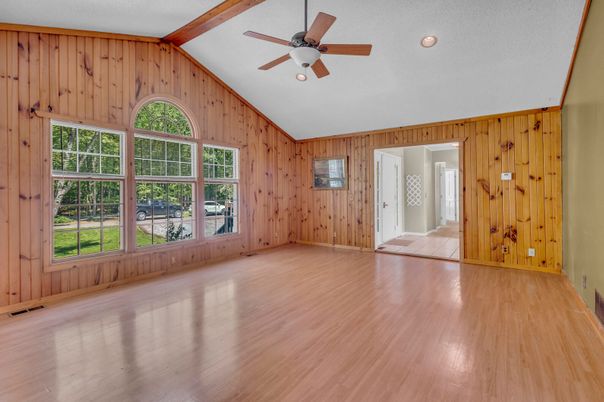 Empty room, Interior, Recessed Lighting, Wood Texture Flooring, Wooden Walls