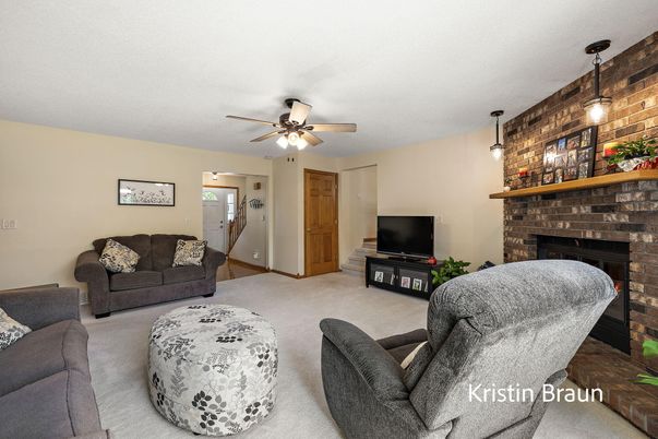 Fireplace, Interior, Living room, Pendant Lights, Stone Walls