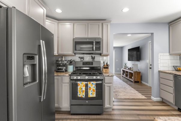 Interior, Kitchen, Recessed Lighting, Stainless Steel Appliances, Wood Texture Flooring