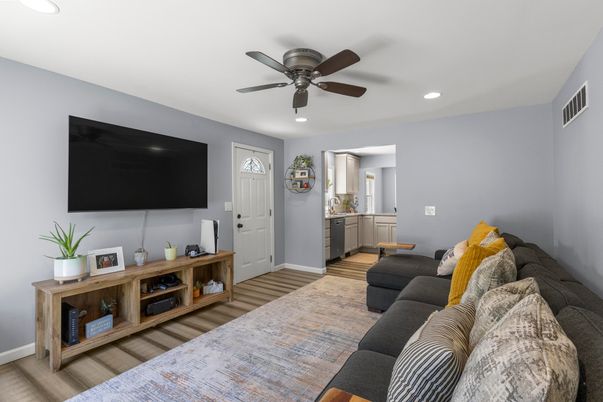 Interior, Kitchen, Living room, Recessed Lighting, Wood Texture Flooring