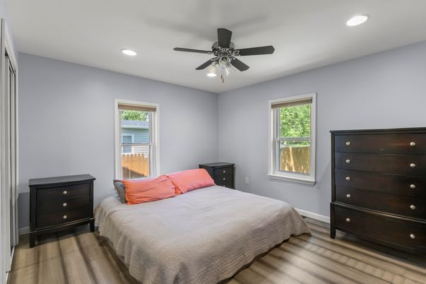 Bedroom, Interior, Recessed Lighting, Wood Texture Flooring
