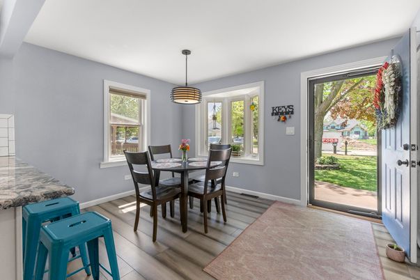 Dining room, Interior, Pendant Lights, Wood Texture Flooring