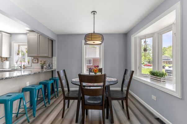 Dining room, Interior, Pendant Lights, Wood Texture Flooring