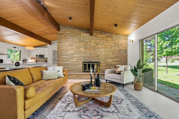 Fireplace, Interior, Kitchen, Living room, Pendant Lights, Stone Walls, Wooden Beams, Wooden Ceilings