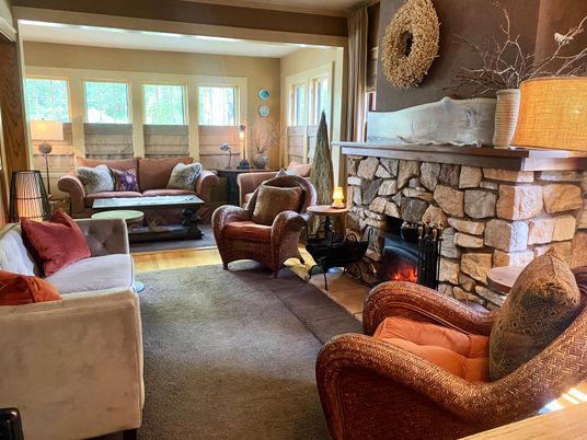 Fireplace, Interior, Living room, Stone Walls, Wood Texture Flooring