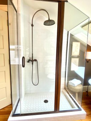 Bathroom, Glass Shower, Interior, Wood Texture Flooring