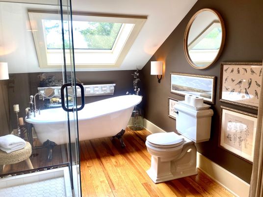 Bathroom, Free Standing Baths, Glass Shower, Interior, Wood Texture Flooring