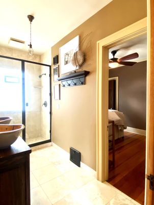 Bathroom, Glass Shower, Interior, Wood Texture Flooring
