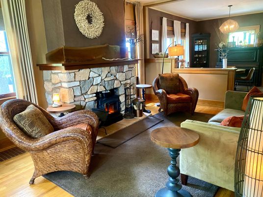 Fireplace, Interior, Living room, Pendant Lights, Wood Texture Flooring