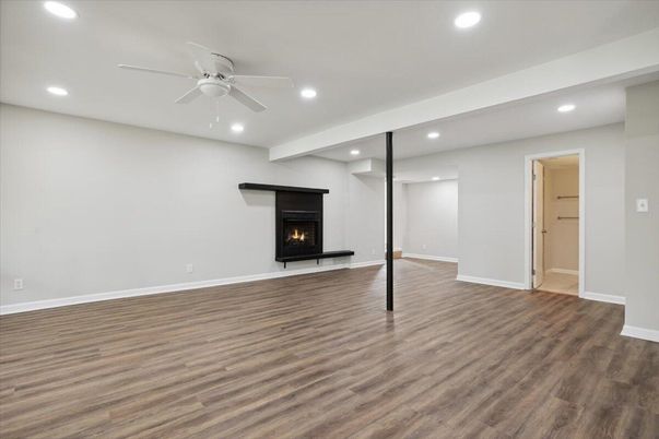 Empty room, Fireplace, Interior, Recessed Lighting, Wood Texture Flooring