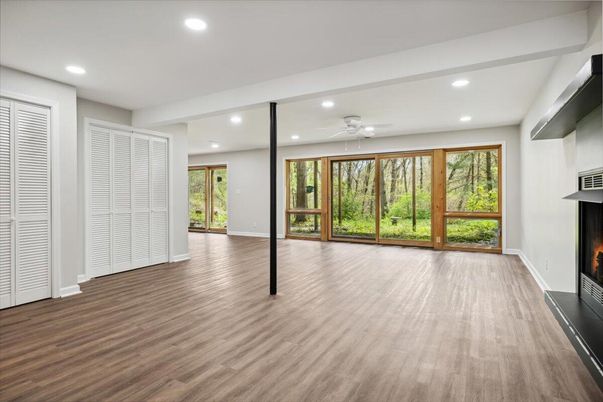 Empty room, Fireplace, Interior, Recessed Lighting, Wood Texture Flooring