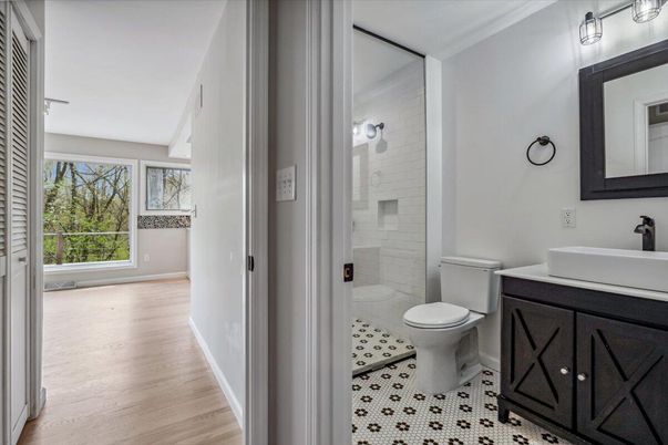 Bathroom, Glass Shower, Interior, Wood Texture Flooring