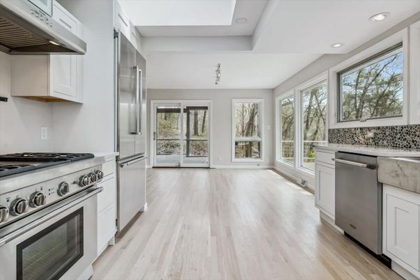 Interior, Kitchen, Recessed Lighting, Stainless Steel Appliances, Wood Texture Flooring