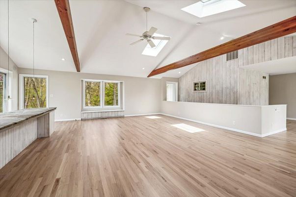 Empty room, Interior, Recessed Lighting, Wooden Beams, Wood Texture Flooring