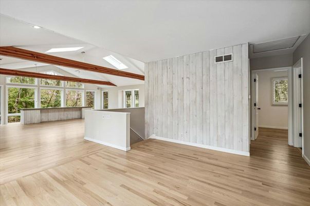 Empty room, Interior, Recessed Lighting, Wooden Beams, Wood Texture Flooring
