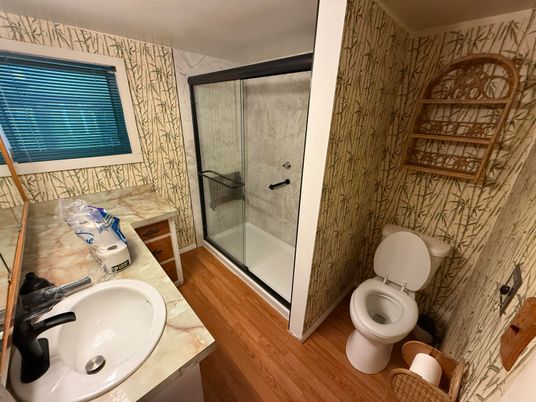 Bathroom, Glass Shower, Interior, Wood Texture Flooring