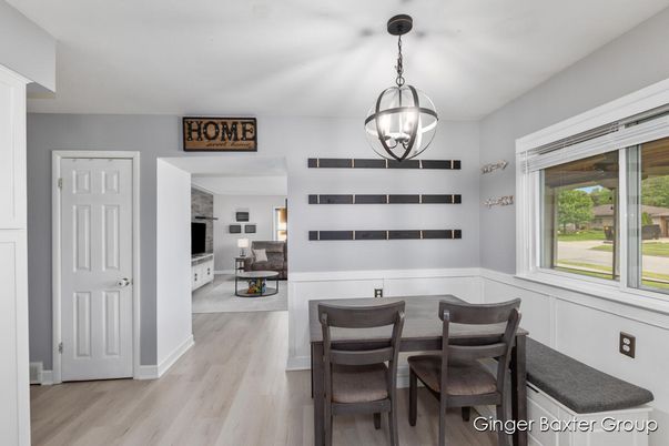 Dining room, Interior, Pendant Lights, Wood Texture Flooring