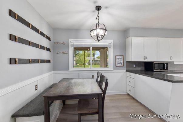 Dining room, Interior, Pendant Lights, Wood Texture Flooring