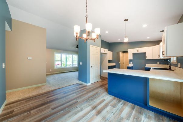 Chandelier, Interior, Kitchen, Pendant Lights, Recessed Lighting, Wood Texture Flooring