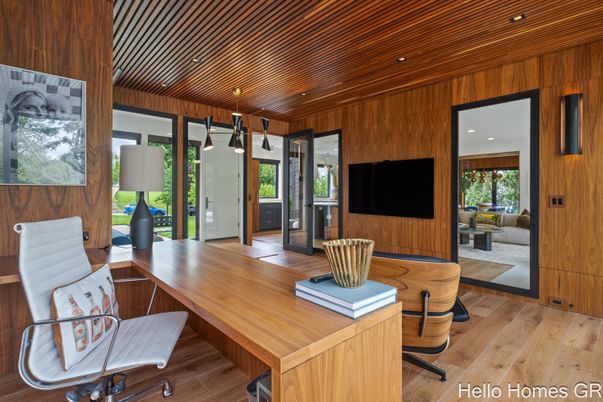 Home Office, Interior, Pendant Lights, Recessed Lighting, Wooden Ceilings, Wood Texture Flooring, Wooden Walls