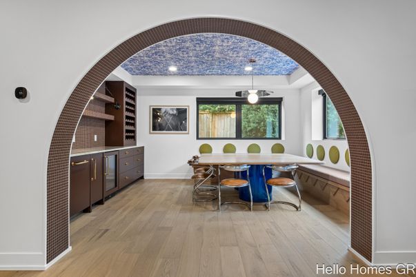 Dining room, Interior, Recessed Lighting, Wood Texture Flooring