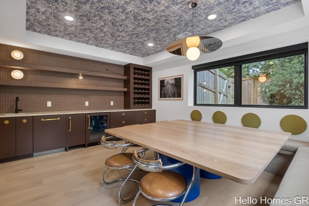 Dining room, Interior, Pendant Lights, Recessed Lighting, Wood Texture Flooring