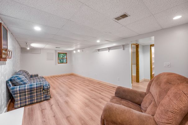 Empty room, Interior, Living room, Recessed Lighting, Wood Texture Flooring