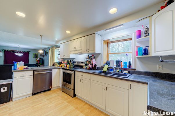 Interior, Kitchen, Pendant Lights, Recessed Lighting, Stainless Steel Appliances, Wood Texture Flooring