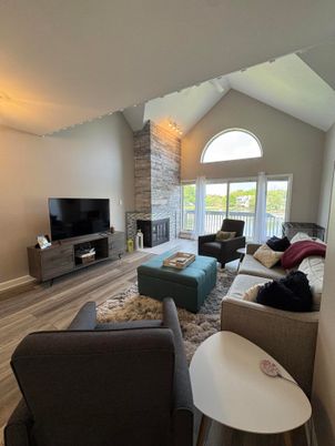 Fireplace, Interior, Living room, Stone Walls, Wood Texture Flooring