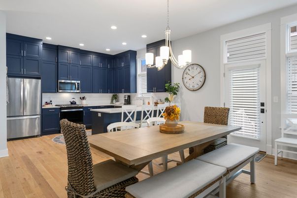 Dining room, Interior, Kitchen, Pendant Lights, Recessed Lighting, Stainless Steel Appliances, Wood Texture Flooring