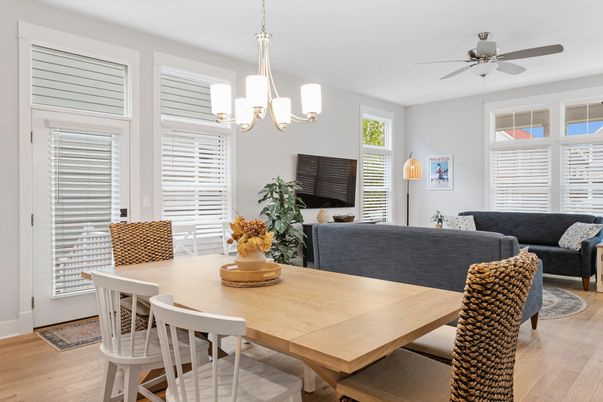 Dining room, Interior, Living room, Pendant Lights, Wood Texture Flooring