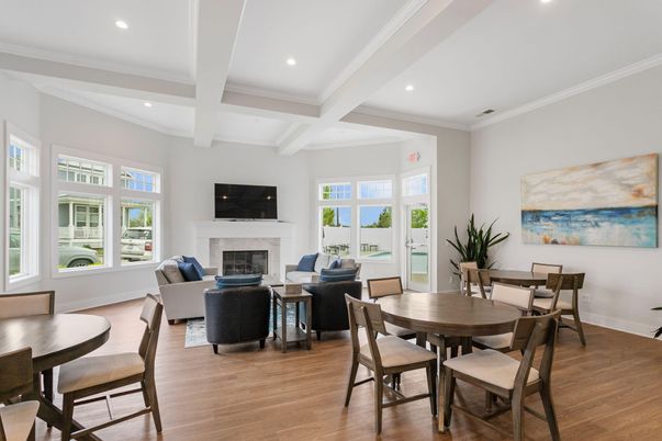 Dining room, Fireplace, Interior, Living room, Recessed Lighting, Wood Texture Flooring