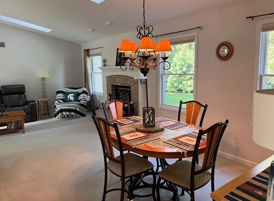 Chandelier, Dining room, Fireplace, Interior, Living room