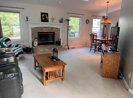 Dining room, Fireplace, Interior, Living room, Pendant Lights