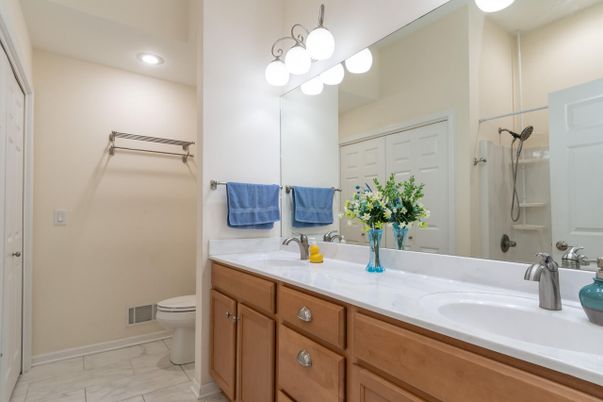 Bathroom, Dual Sink Vanities, Interior, Marble, Recessed Lighting